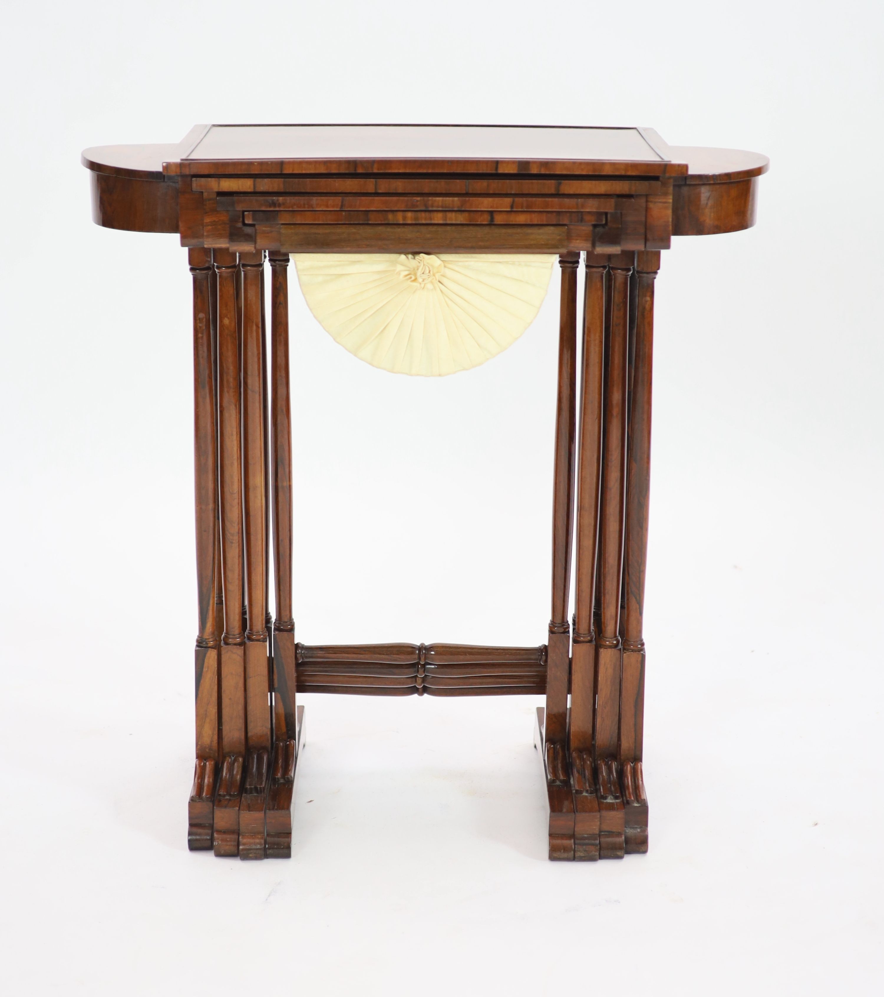 An unusual George IV nest of rosewood quartetto sewing tables, W.68cm D.32cm H.69cm